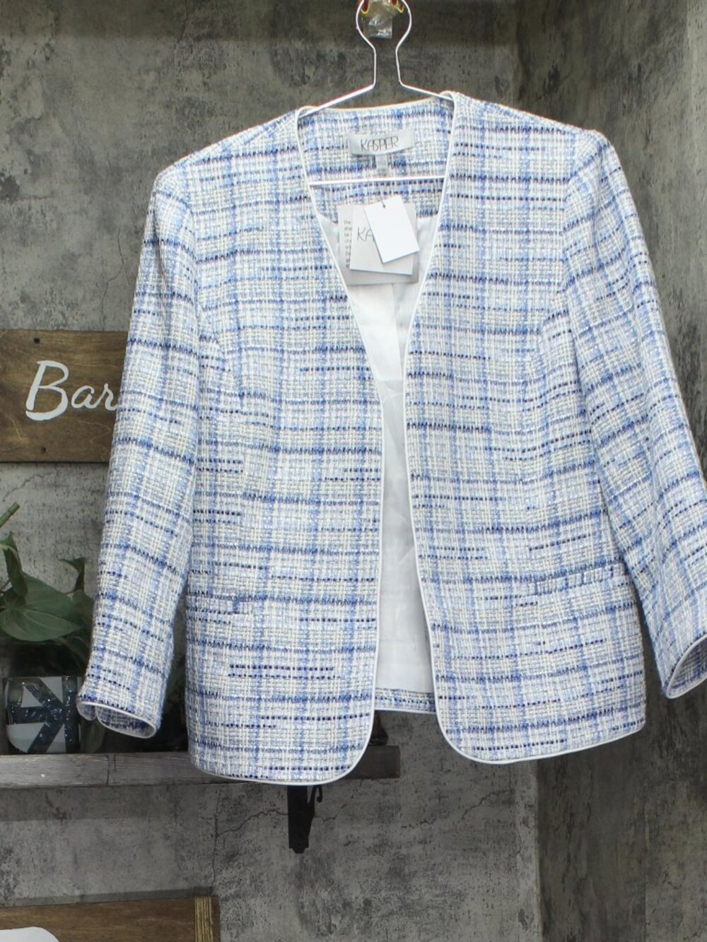 Kasper Blue Tweed Open Front Blazer Jacket California Sky Multi 12